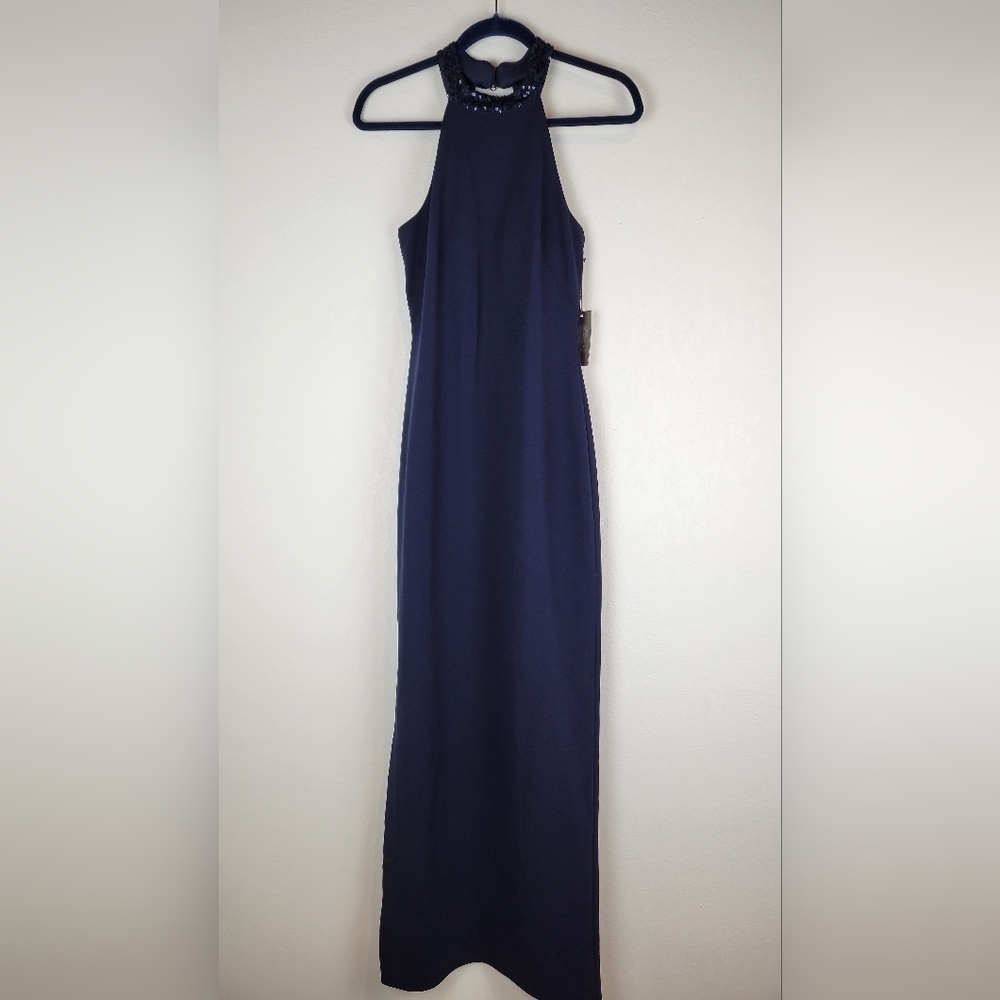 NWT Vince Camuto Sequined Embellished Halter Column Gown in Navy Size 4 - Picture 4 of 12